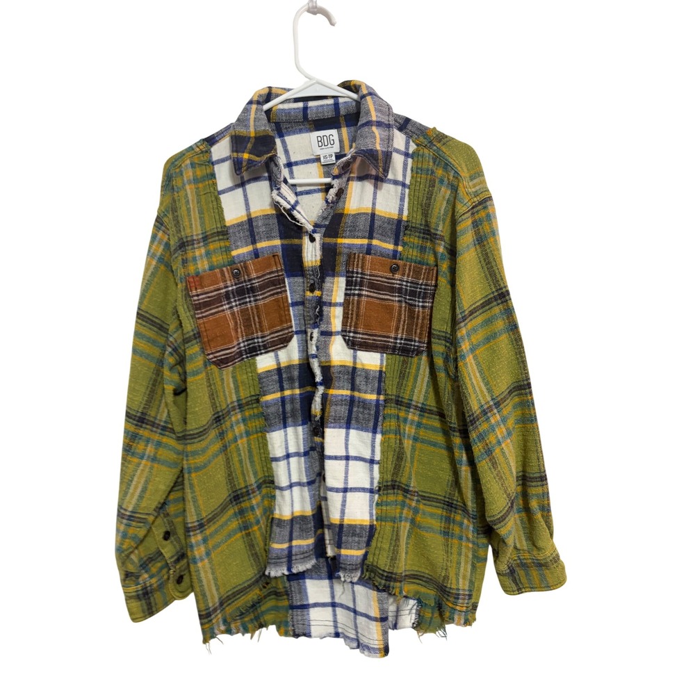 BDG Urban Outfitters Flannel Shirt Patchwork Mixed Plaid Raw Hem Green XS/TP